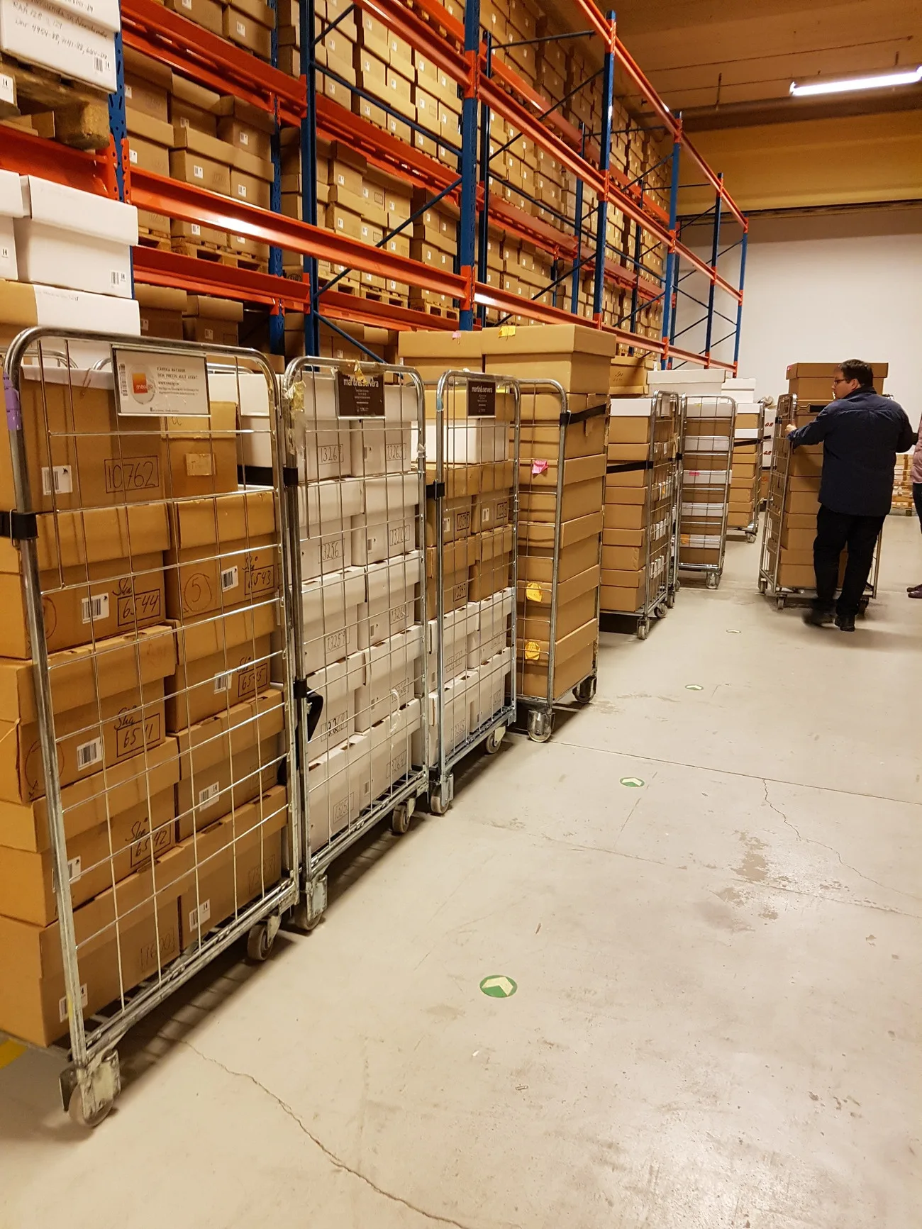 Cardboard storage boxes stacked on top of each other in museum storage space with osteological assemblage from Otto Frödin’s excavations